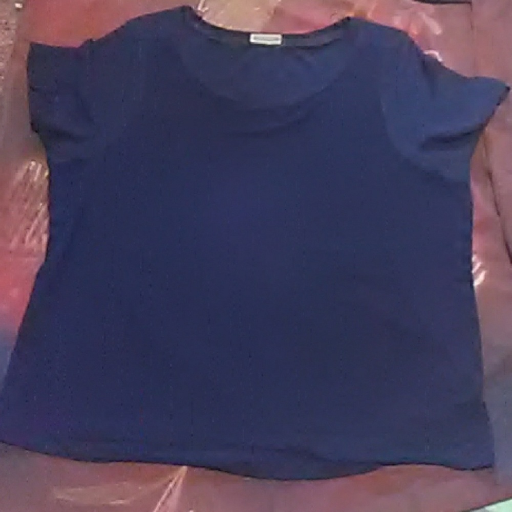 Sold navy top with sheer neckline and sleeves